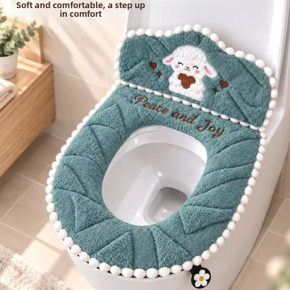 Thickened Warm Backrest Toilet Seat Cover Non-Slip Skin-Friendly Sheep Print Toilet Seat Cushion Soft Washable