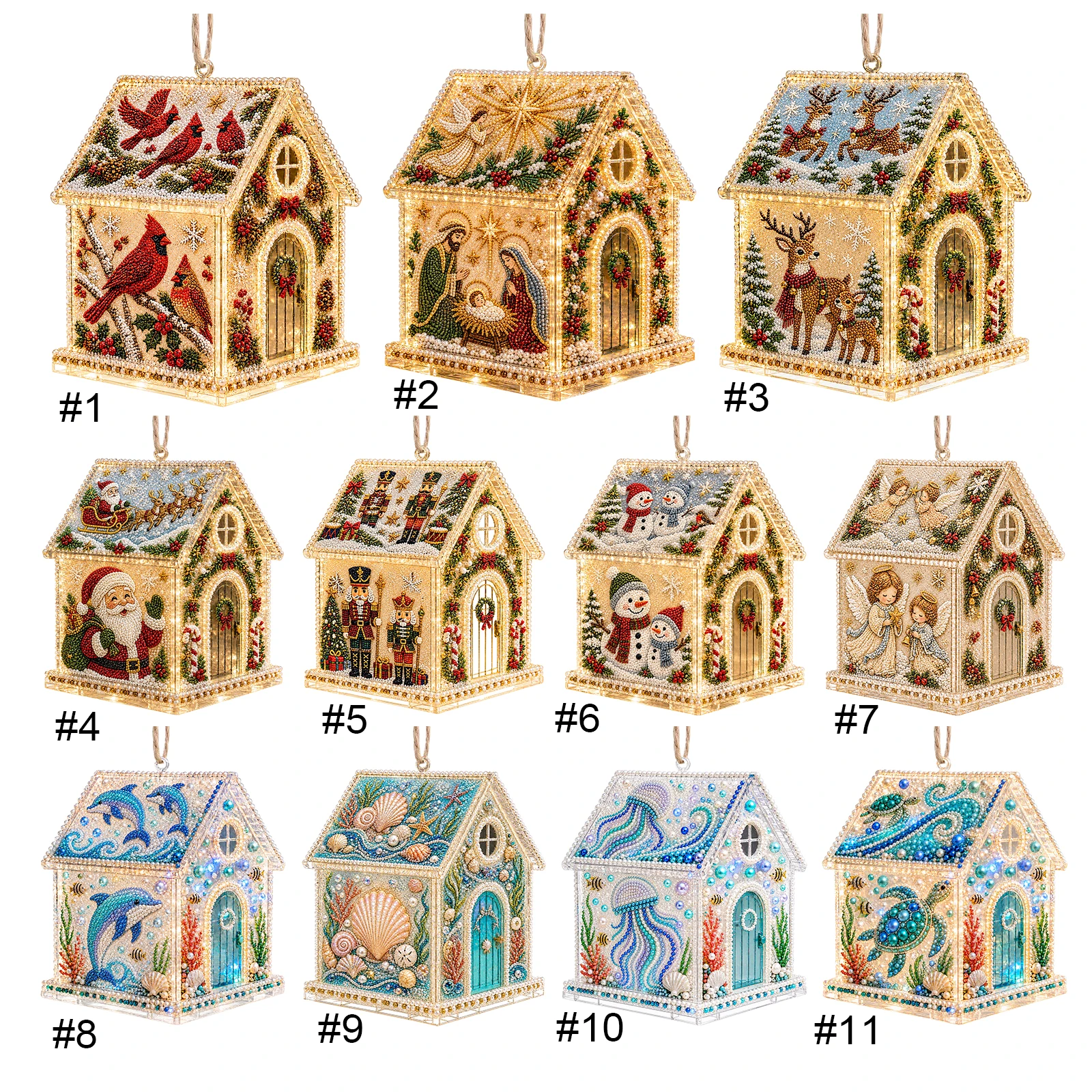 DIY Diamond Art Hanging House Kit Holiday Acrylic Ornament 5.91in Round Gems Pen Tray Instructions Included
