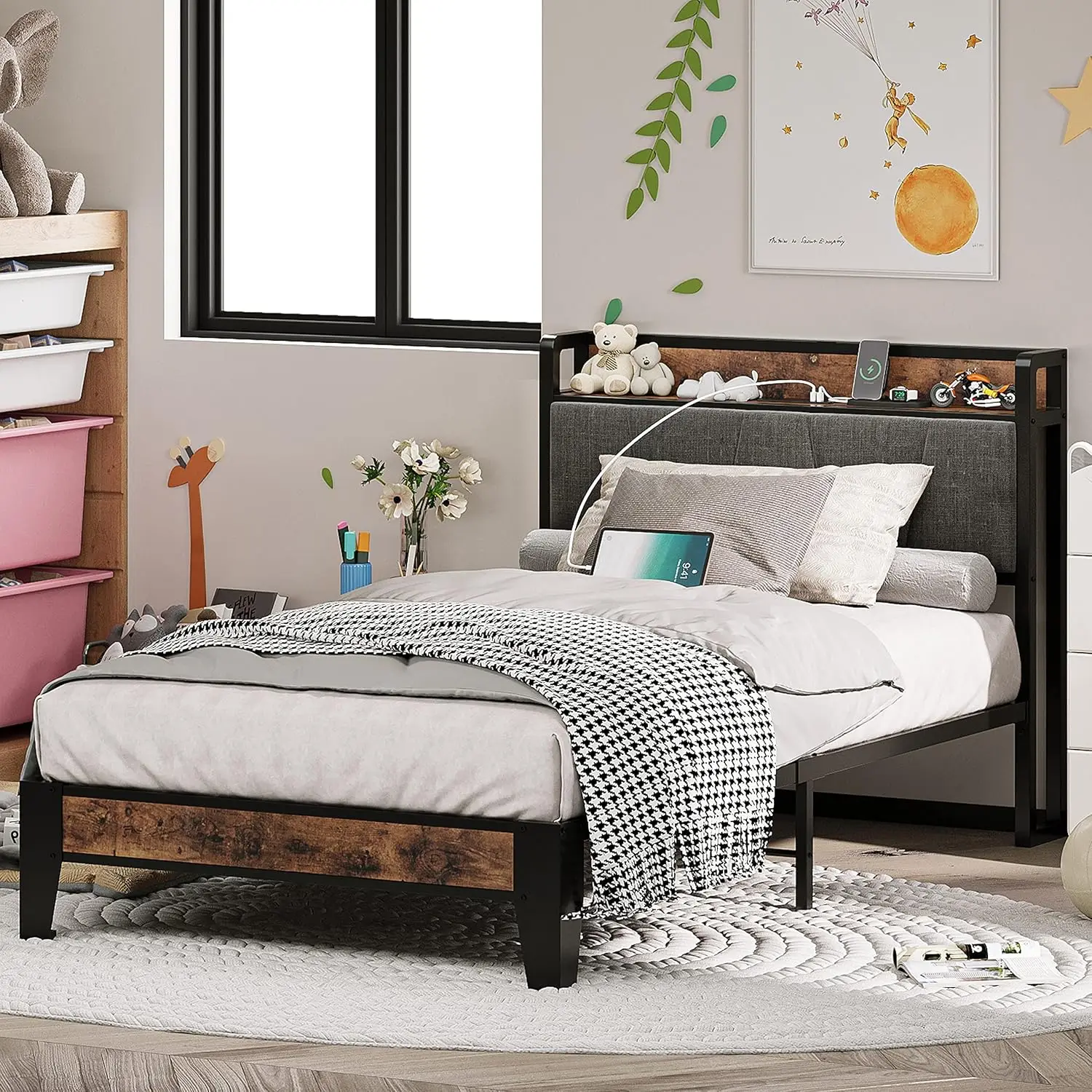 Twin Bed Frames, Storage Headboard with Charging Station, Solid and Stable, Noise Free, No Box Spring Needed, Easy Assembly