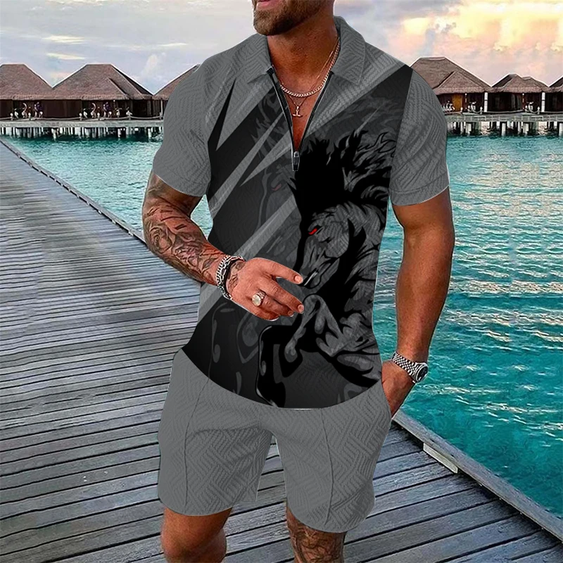 

2025 Summer Men's Sport Short Sleeve Shorts Set Zipper Printing Polo Shirt Fashionable And Casual Vacation Man 2 Pieces Suit