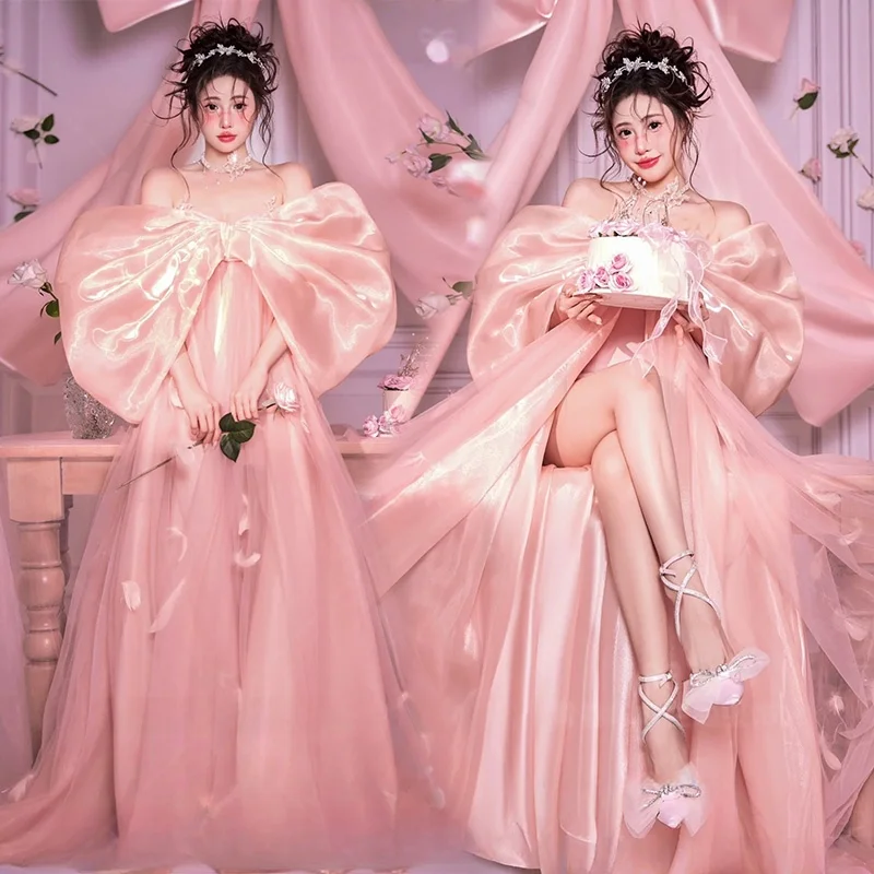 

New Arrival Sweet Pink Knot Girl's Dress Photography Studio Bridal Gown High-End Wedding Photography Chinese Style