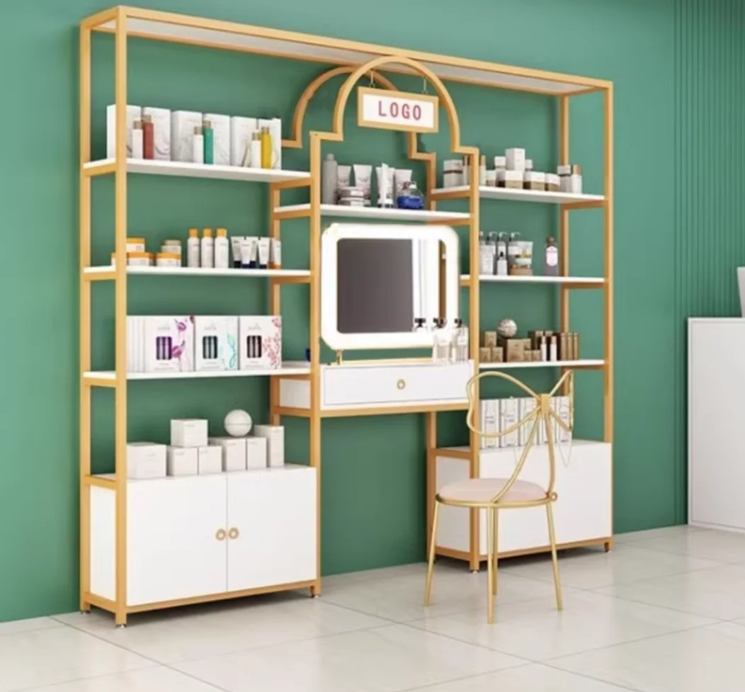 

Beauty salon with light product display cabinet Cosmetics shelf Skin care display stand Nail salon with square mirror vanity tab