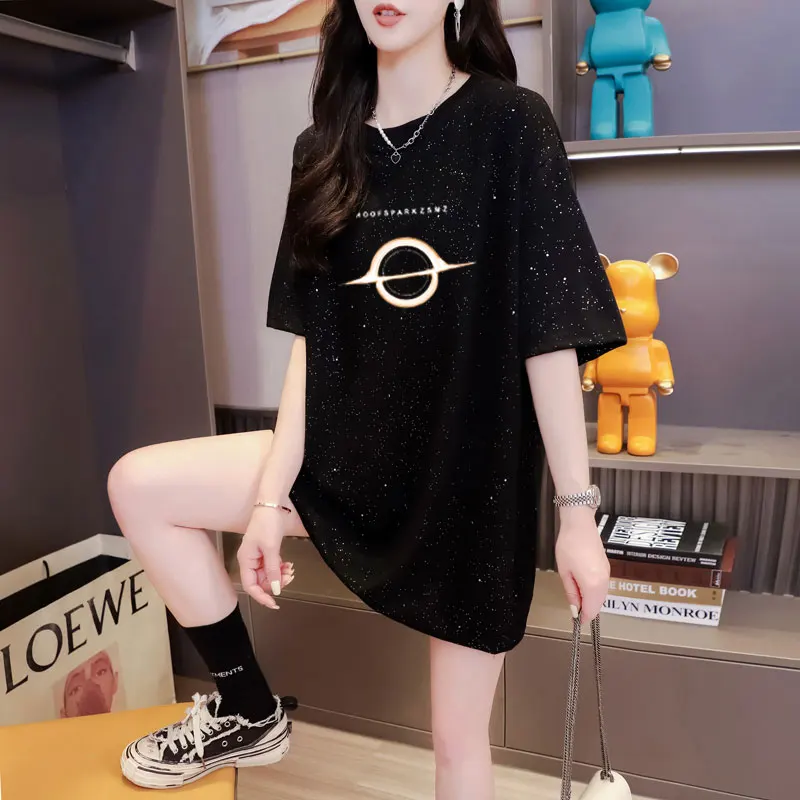 2024 Summer American Retro Fashion Brand Design Sense Short Sleeved T-shirt Women's Mid Length Pure Cotton Versatile Top