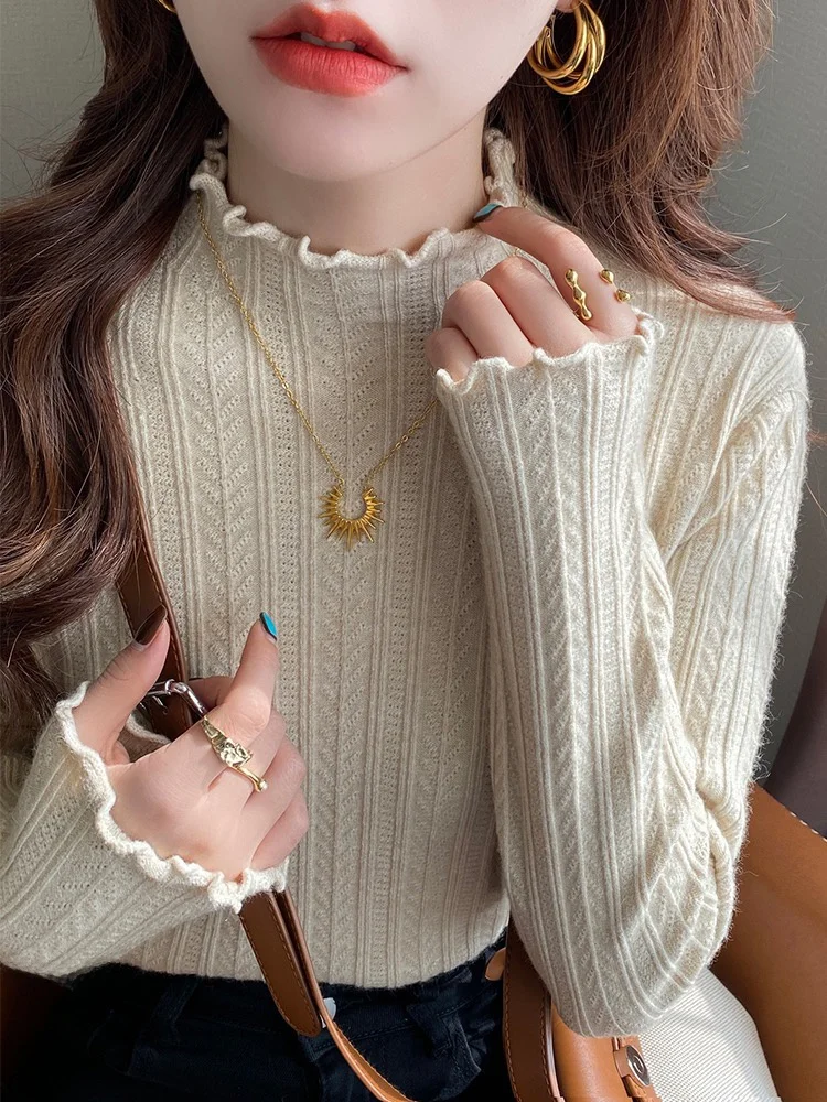 Women's Half High Collar Knitwear Base Shirt Autumn Winter Inner Wear Early Spring Wood  Ear Knitted Top Soft Straight Tube