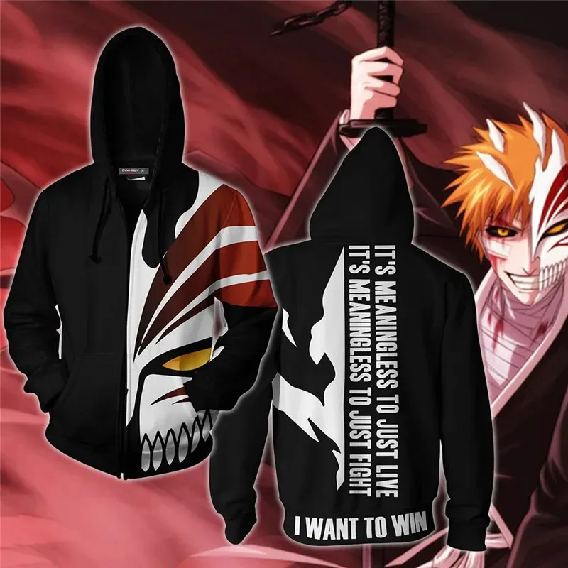 Jaket Cosplay Pulover Kurosaki Ichigo Hoodie Pemutih Game Anime Mantel Pakaian Ritsleting Kaus Bertudung Cetak Kuchiki Rukia