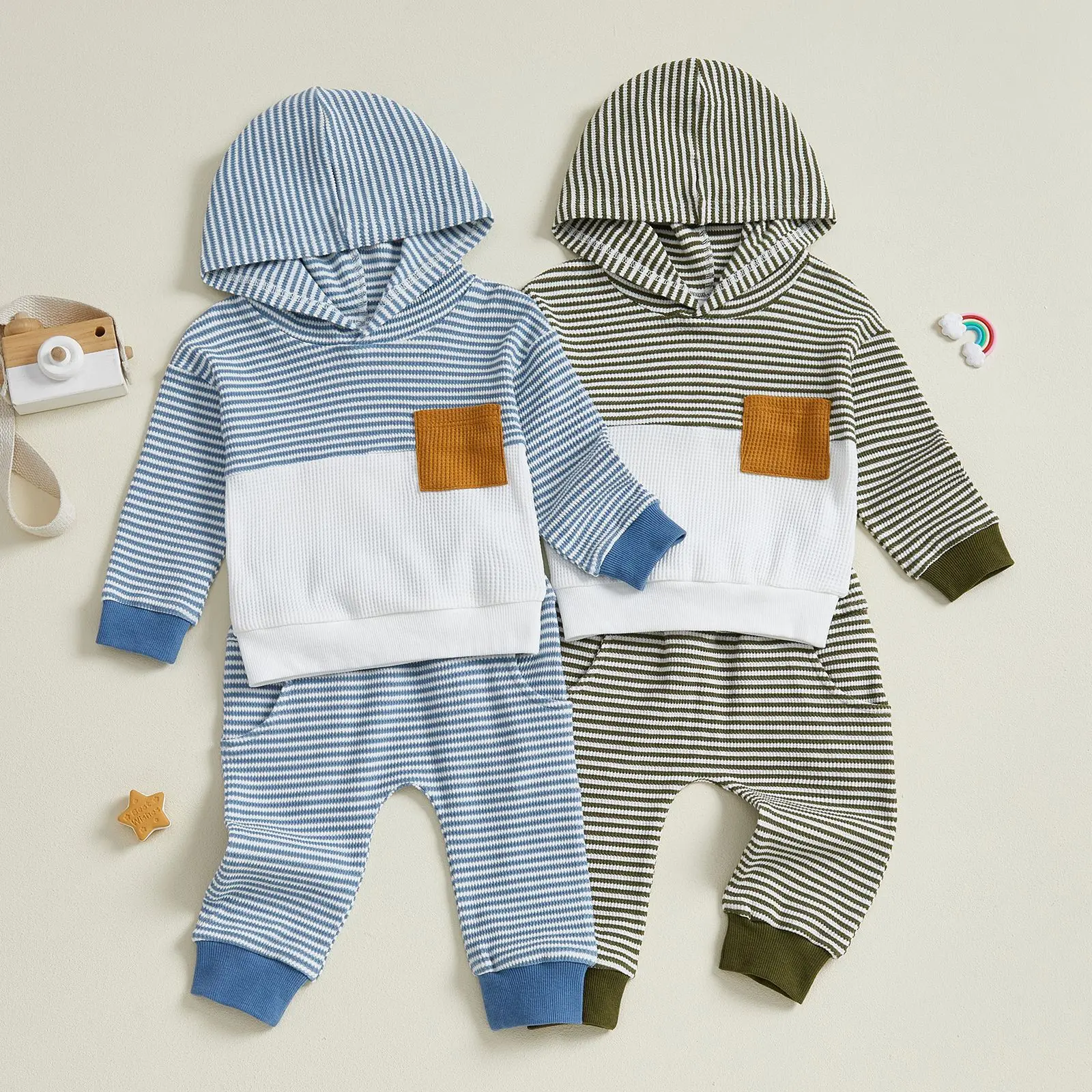 

Baby Boys Autumn Winter Outfit Set Comfortable Hooded Waffle Knit Striped Long Sleeve Top And Pants Casual Two Piece Sets