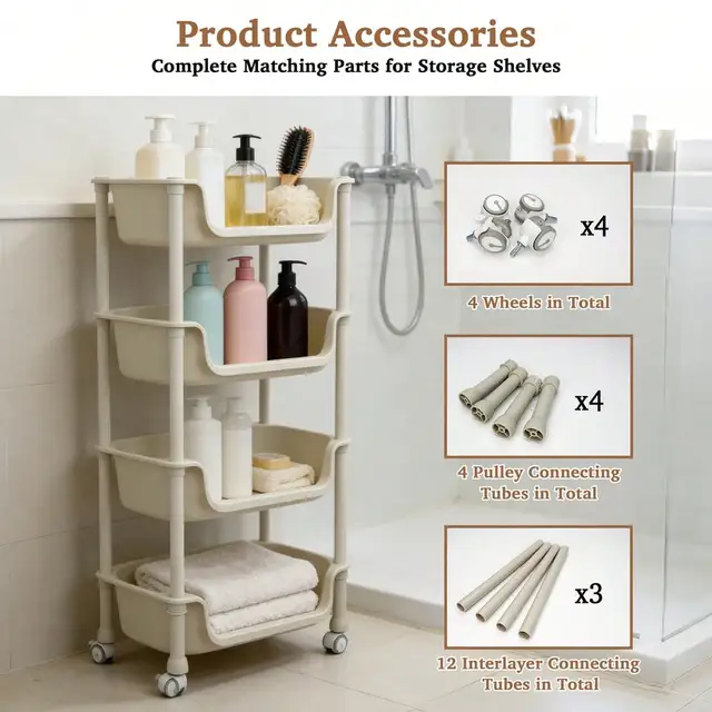 5-Tier Rolling Utility Cart with Wheels, Heavy Duty Plastic Storage Organizer Shelf, Mobile Utility Trolley for Kitchen, Bathroom, Bedroom, Office, White 4