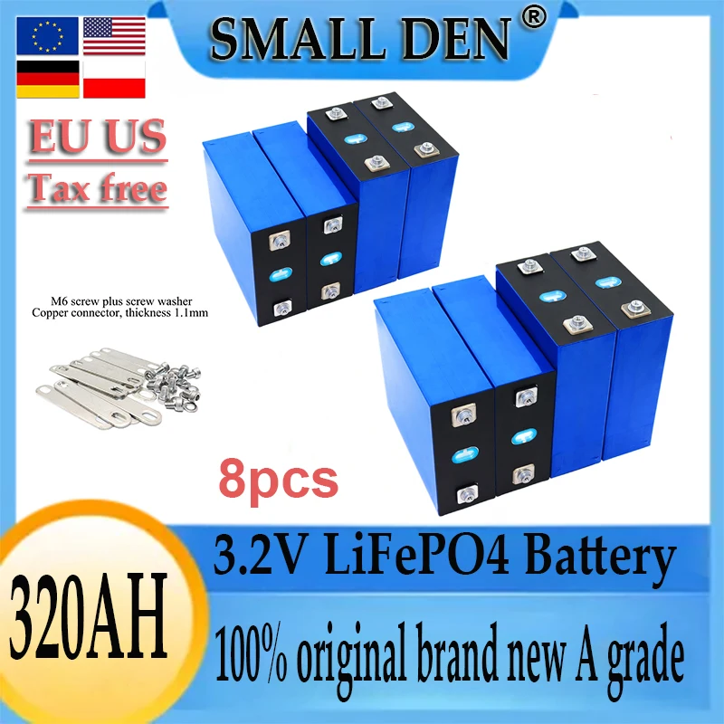 Brand New 8 pcs 3.2V LifePO4 Battery 320Ah Rechargeable Prismatic Cells 6000 cycles Full Capacity for Van RV Outdoor SolarSystem