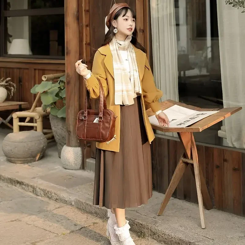 Herfst Winter Japans Khaki Borduurwerk Warm Jk Pak School Uniform Riem Jurk Vrouwen Verbeterde Chinese Stijl Hanfu Jurk