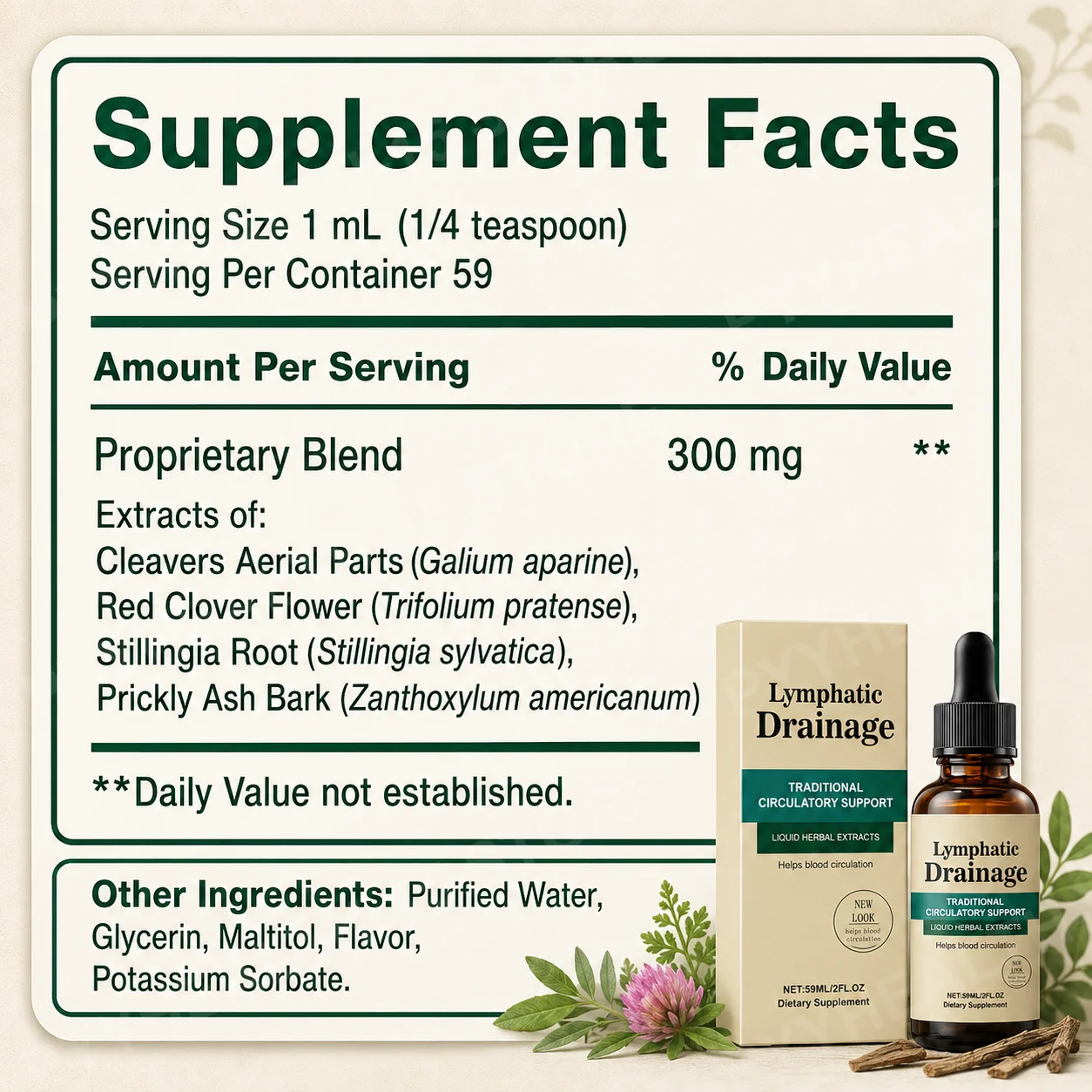 Lymphatic Wellness Herbal Drops Cleavers Red Clover Liquid Extract 59mL Body Balance Support Easy Dropper 59 Servings