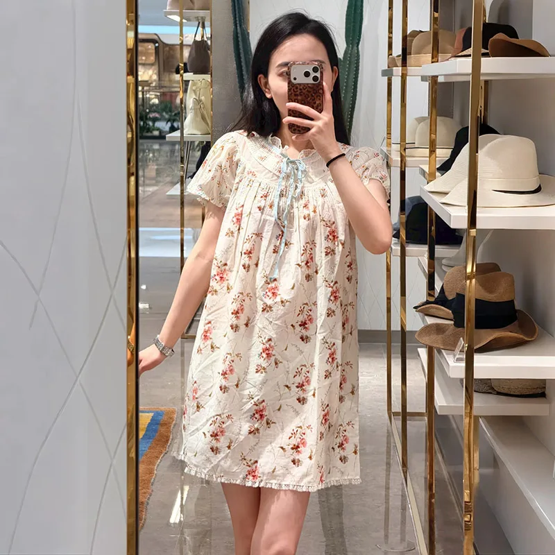 

Lightweight Summer Cotton Dress Bubble Sleeve Short Sleeve Holiday Style Ageless Cute Floral Print Loose Midi Dress A-Line Skirt