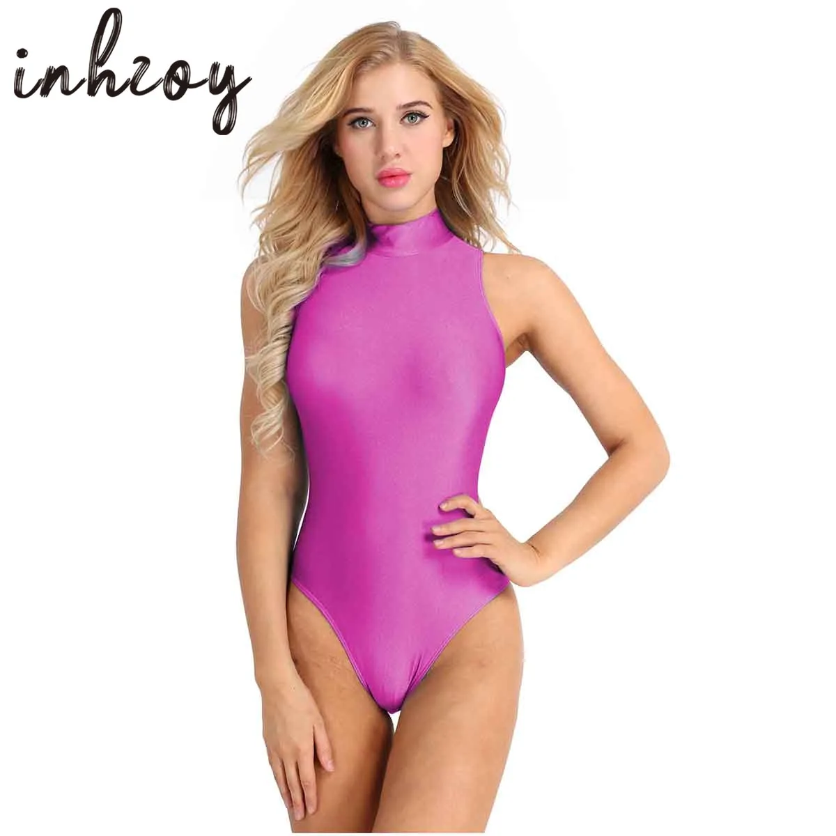 

Womens Glossy Bodysuit Mock Neck Zipper Back One Piece Gymnastics Leotard Swimsuit Swimwear Rave Party Clubwear Dance Costume