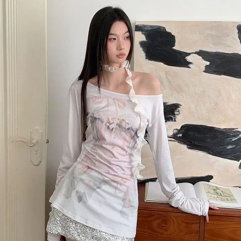 Harajuku Print Graphic Tops Women Off Shoulder Y2k Vintage T Shirt Streetwear Korean Style Casual Loose Tee Tops 2000s