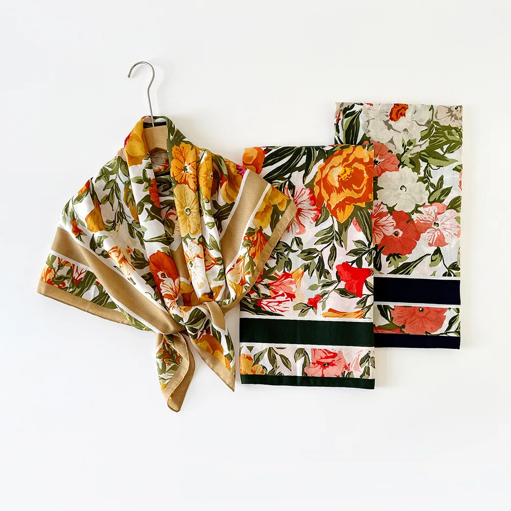 وشاح مربع بطبعة زهور 90 سم، وشاح رأس وشال متعدد الاتجاهات، خفيف الوزن ممتص للعرق وحماية من الأشعة فوق البنفسجية #2