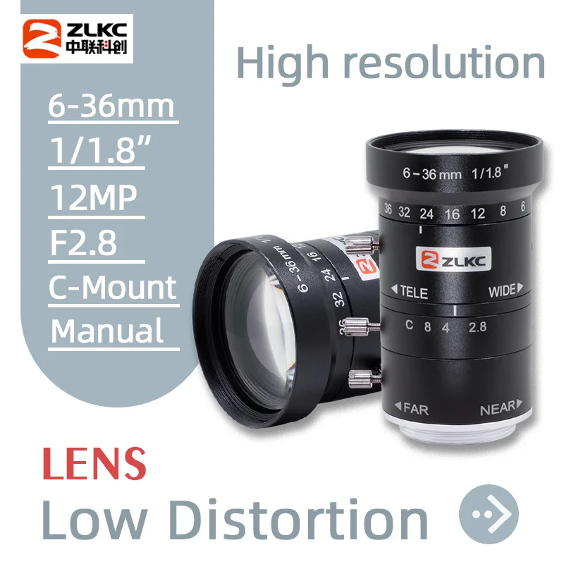 ZLKC 6-36mm zoom lens C-Mount cameras 12MP cctv High-resolution 1/1.8'' for IMX178/IMX252/IMX265 Manual Iris F2.8 Machine Vision