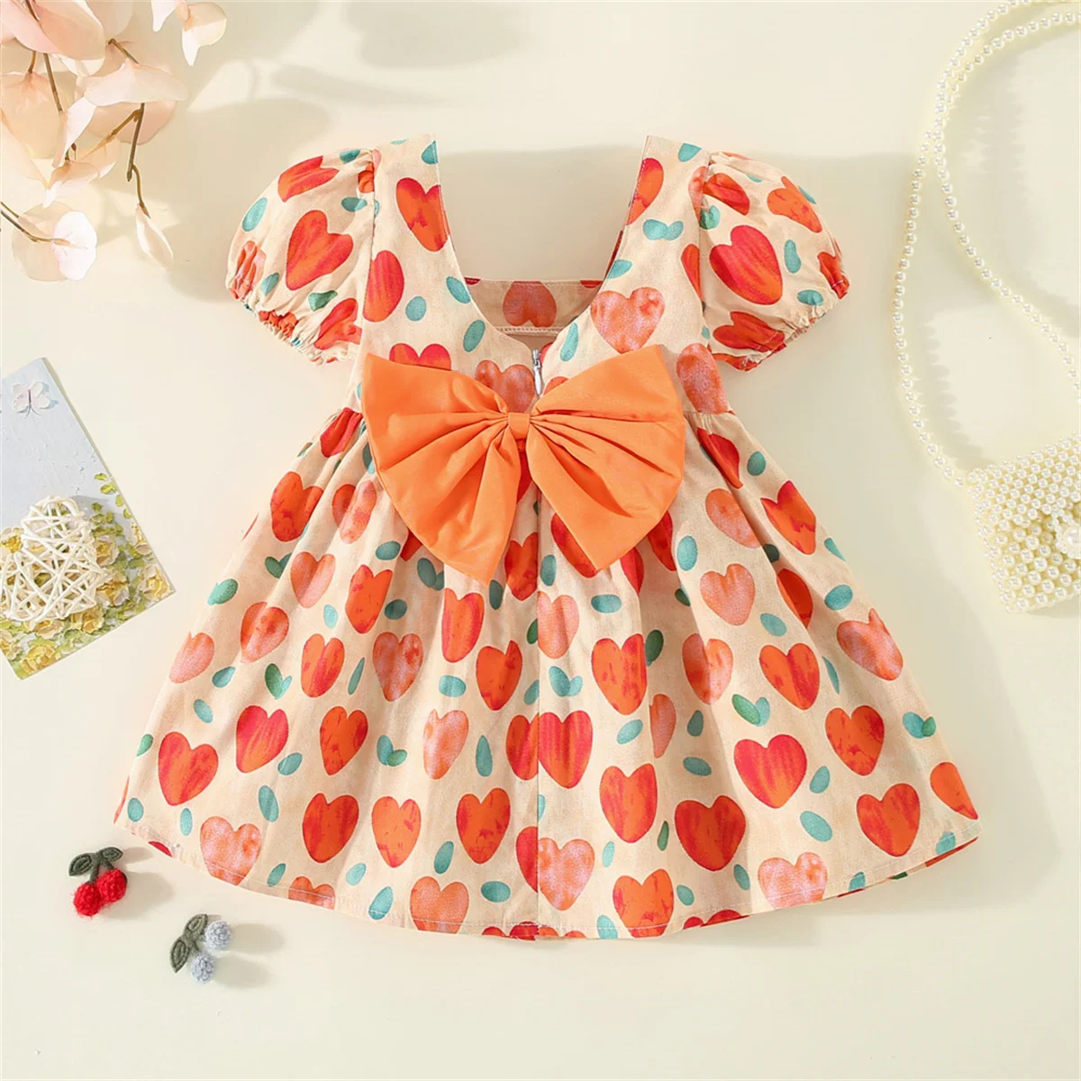 Children's Dress Summer Baby Girl Valentine's Day Big Bow Full of Love Print Bubble Sleeve Dress Children's Wear