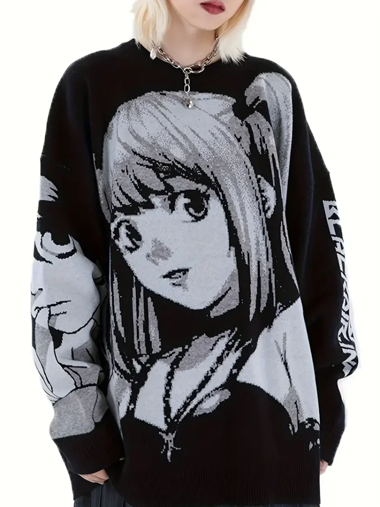 Anime Graphic & Letter Print Pullover Sweater,Cute Long Sleeve Crew Neck Sweater,Women's Clothing