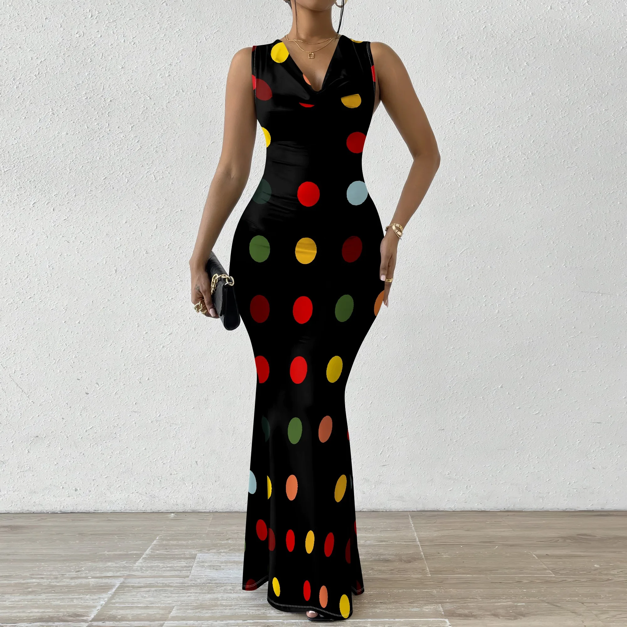 

GlamChic Polka Dot Bodycon Maxi Dress Sleeveless V-Neck Party Evening Cocktail Retro Multi-Dot XS-2XL New