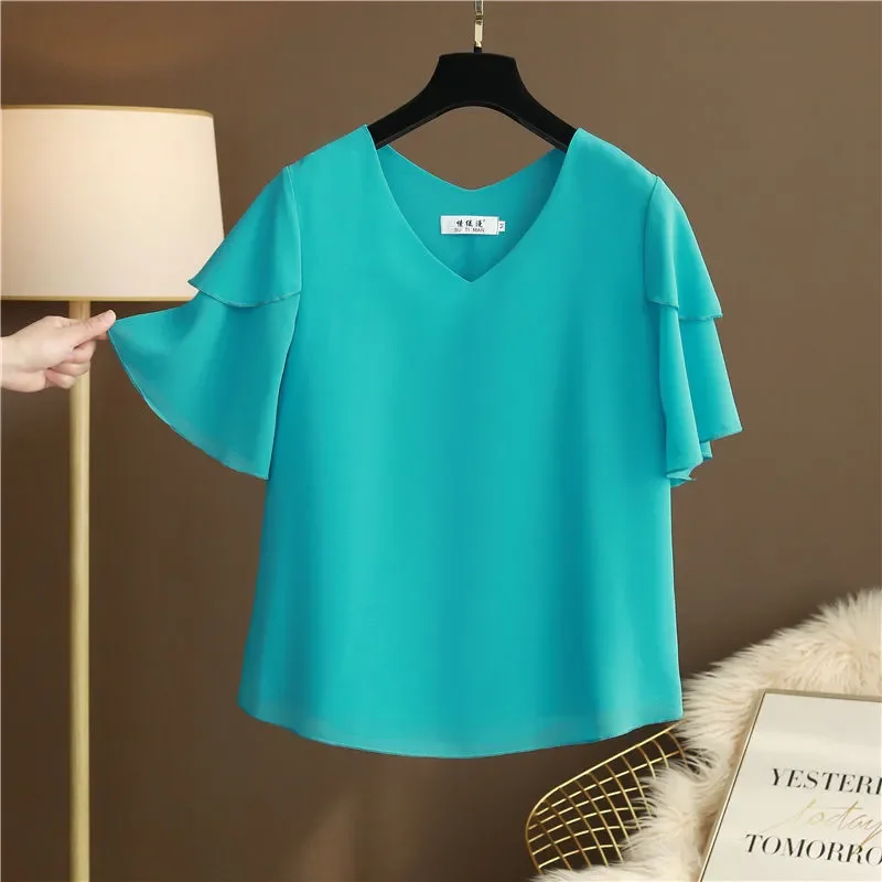 2024 Fashion Brand Tops Women\'s Summer Plus Size Flared Sleeves Loose Chiffon Shirts Short-sleeved V-neck Women\'s Plus Size Tops