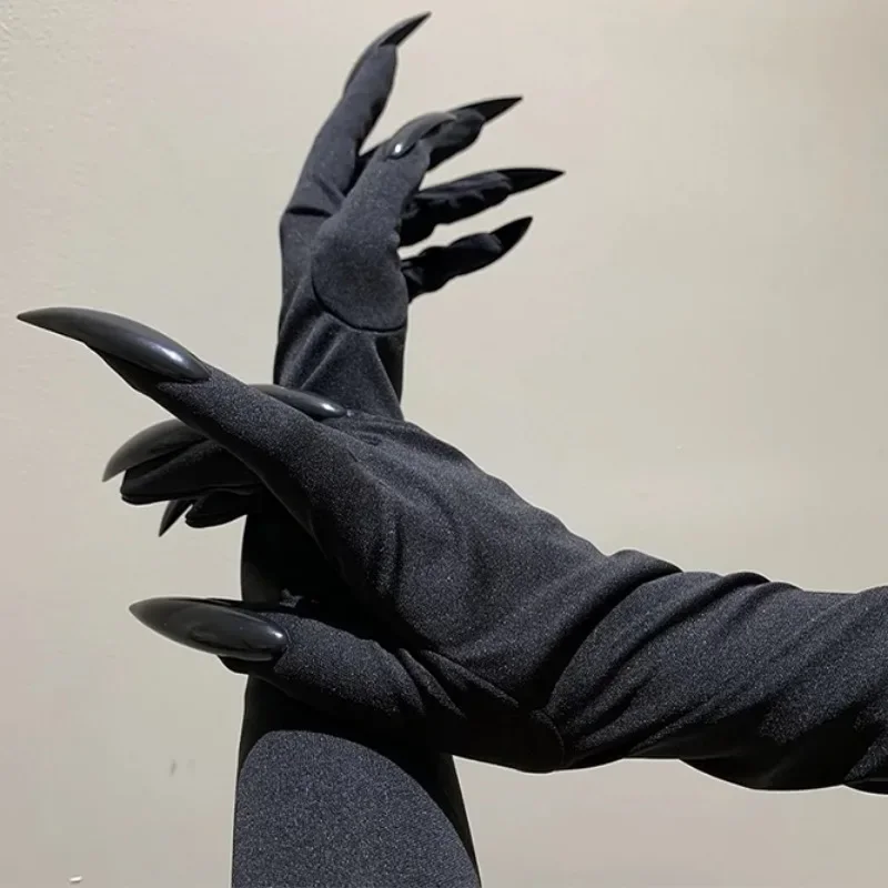 Black Halloween Cosplay Gloves Spandex Ghost Claw Long Nail Gloves Simple Elastic Comfortable Long Gloves Fashion Accessories