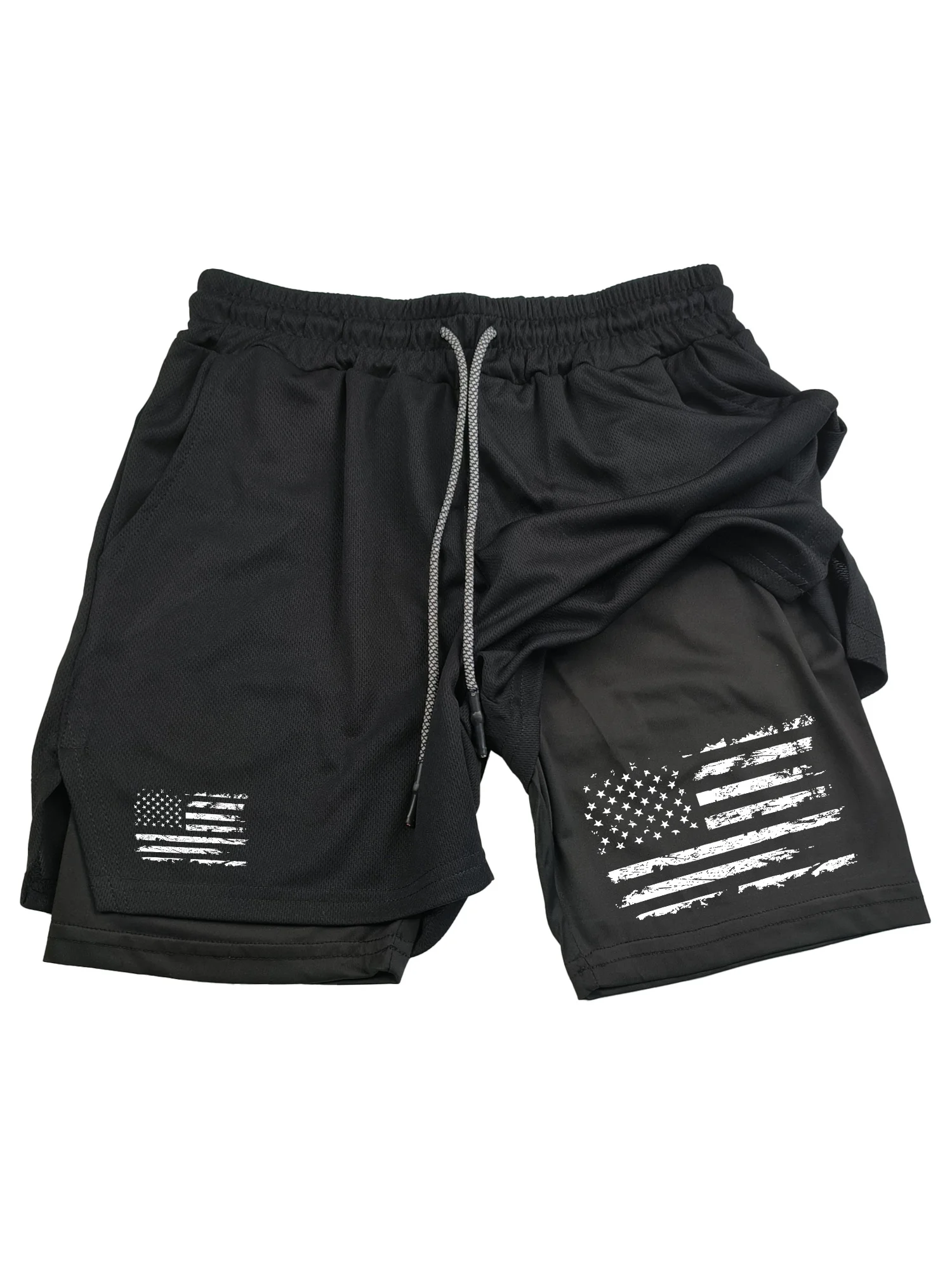 

American style trendy printed sports shorts double-layer quick drying breathable mobile phone side pocket men's sports shorts