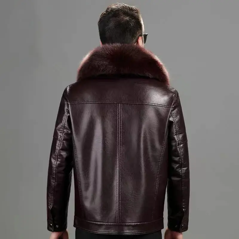Natural Leather Jacket For Men With Fur Collar Add Velvet Thick Short Lapel Brown Genuine Leather Mens Jacket Sheepskin Coat Man