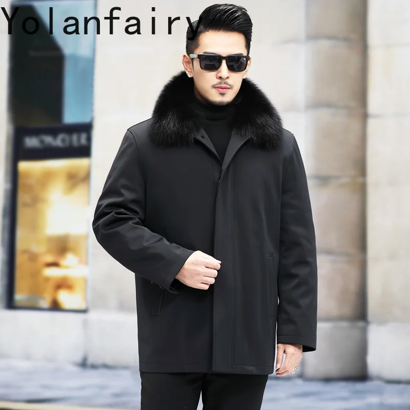 เสื้อโค้ทขนสัตว์แท้ YOLANFAIRY สำหรับผู้ชาย ฤดูหนาว บุด้วยขนกระต่ายแท้ อุ่นสบาย ความยาวปานกลาง สีดำ พร้อมปกขนสุนัขจิ้งจอก