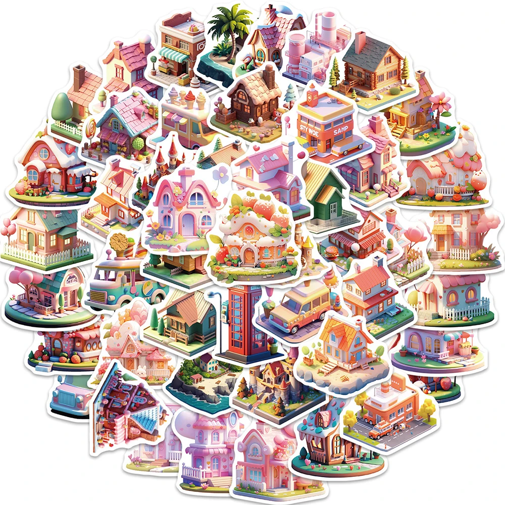 

10/30/50pcs Cute Anime Building Aesthetic Stickers Pink Girls Cartoon Sticker Scrapbook Suitcase Laptop Graffiti Decals Packing
