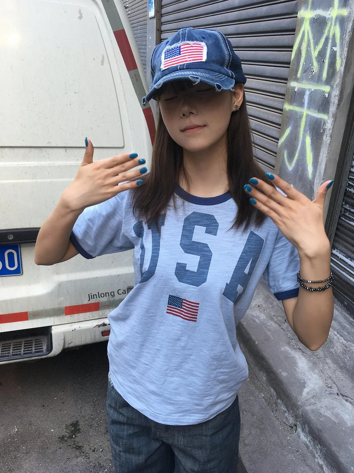 Sakura Cotton Bamboo Ray Short Sleeve T-Shirt Retro American Print Blue round Neck Collar Color Block Casual Women Top