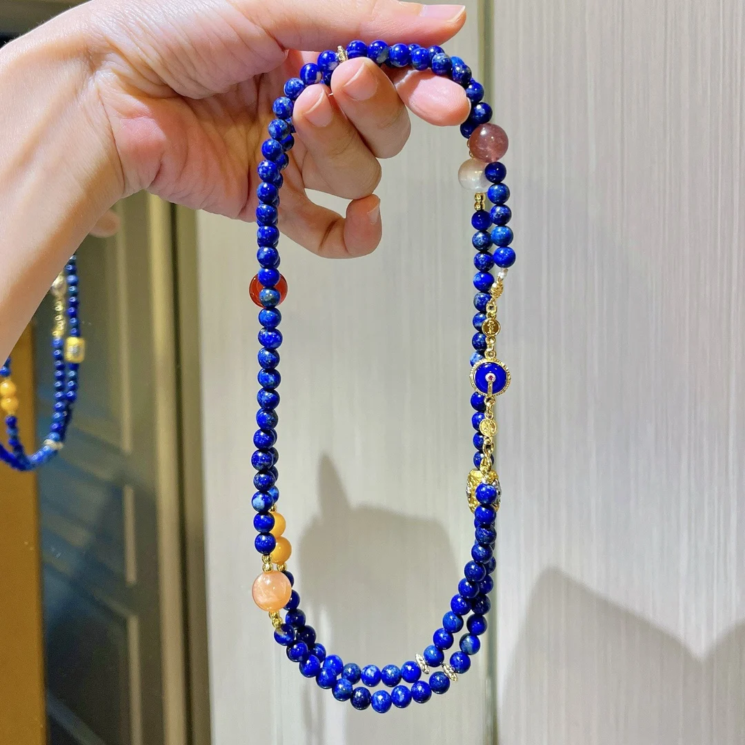 

Original handmade new Chinese retro high-end natural lapis lazuli freshwater pearl old beeswax beaded necklace sweater