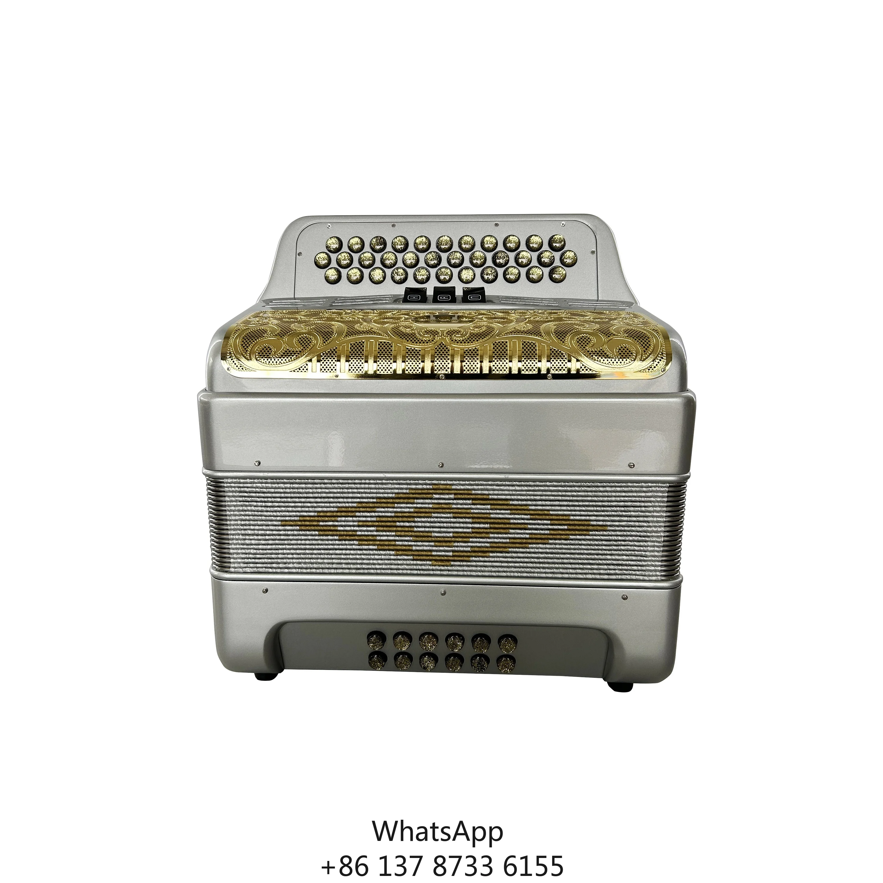 Professional 34-Button 12-Bass 3-Register Silver Accordion With Gold Grill Buttons JB3412C Diatonic Musical Instrument In Wood