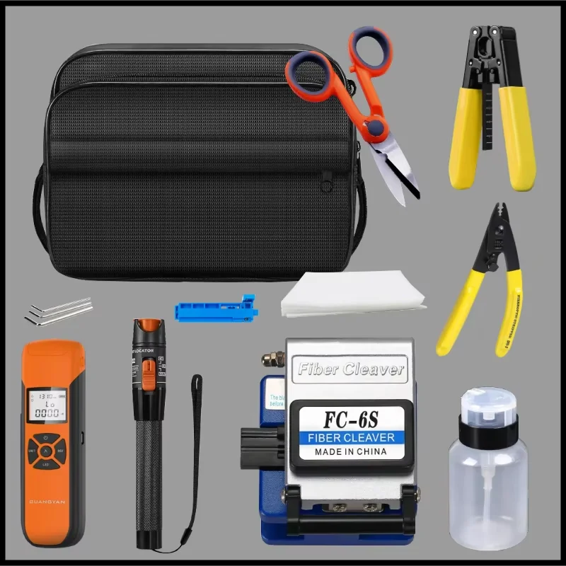 

FTTH Fiber Optic Tool Kit, G10 Power Meter 70-+ 3dbm, 10MW VFL Cleaver, Cable Stripper Tools Set, Kevlar Scissor FC-6S Cleaver