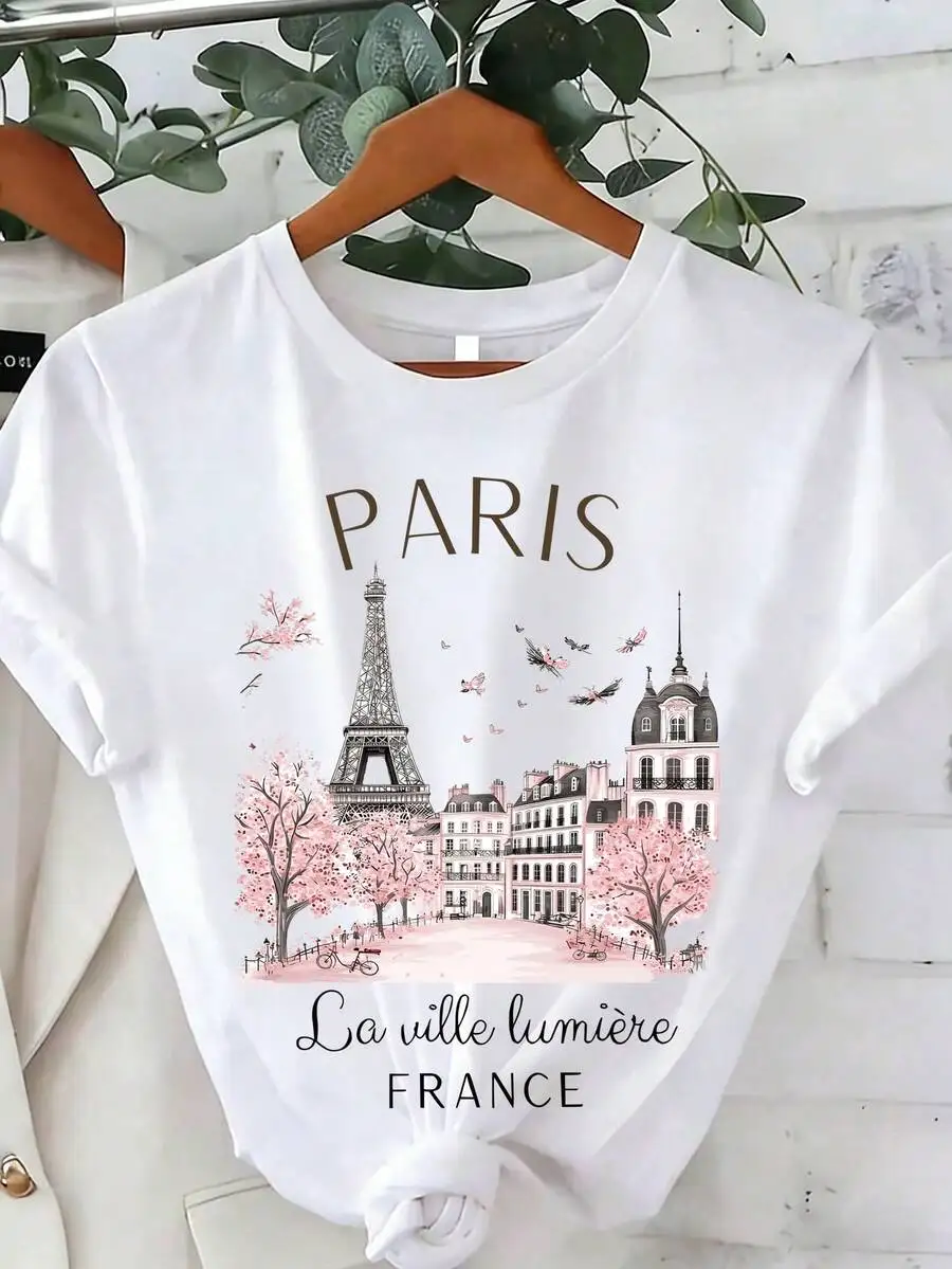 2026 Fashion New Arrival Women Vacation‑Style Graphic Tee, White Paris Letter Print, Short Sleeve Regular Fit Top, Soft Breathable Slightly Elastic For Summer Daily Wear