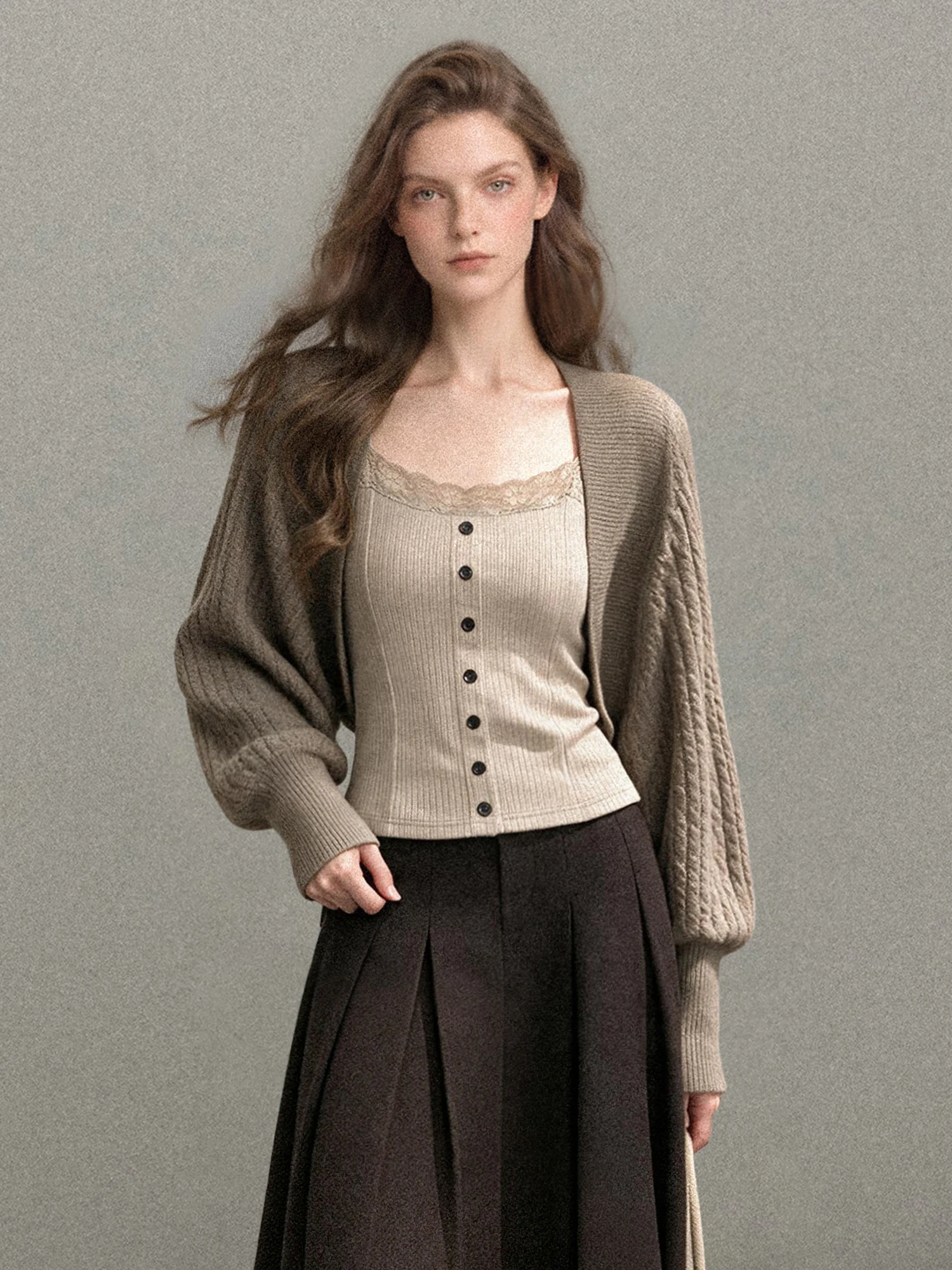 Cafe Brown Batwing Sleeve Knitted Open Cardigan Women's Early Autumn Winter Loose Lazy Slimming Shoulder Sweater Outerwear