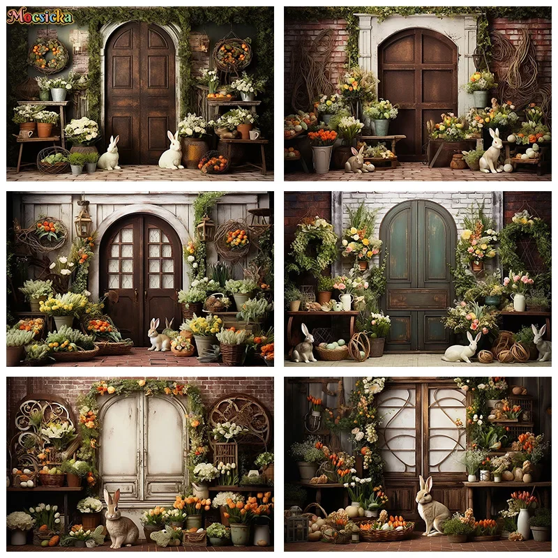 

Mocsicka Easter Photography Backdrops Holiday Party Wooden Door Floral Bunny Background Cake Smash Studio Photo Prop Banner