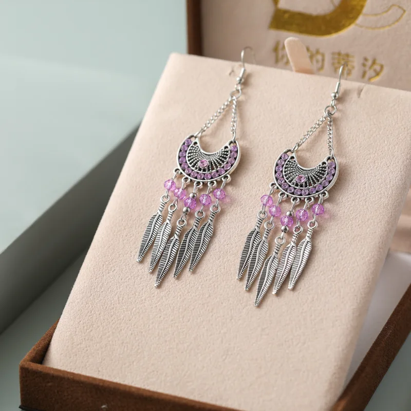 High-end versatile earrings women's retro literary and artistic diamond-encrusted earrings, multi-layer bohemian earrings, whole
