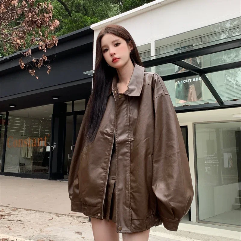 Women Faux Leather Jacket American Vintage Solid Color Pu Loose Casual Versatile Outwear Highstreet Streetwear Coats Female