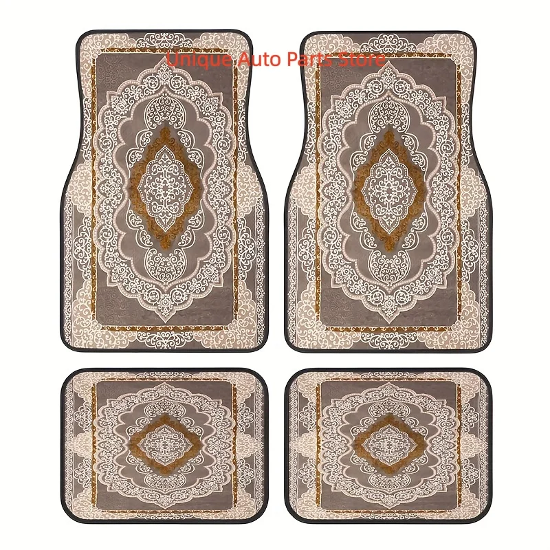 4-Pack Retro Bohemian Brown Pattern Car Floor Mats - Non-Slip Easy-Clean Polyester Fiber, Universal Fit for Front & Rear Seats,