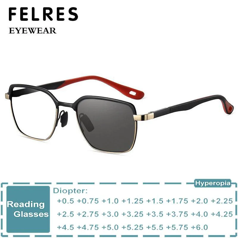 Designer Quadratische Photochrome Lesebrille Männer Legierung Fertig Presbyopie Brillen Outdoor Verfärbt Rezept Brillen