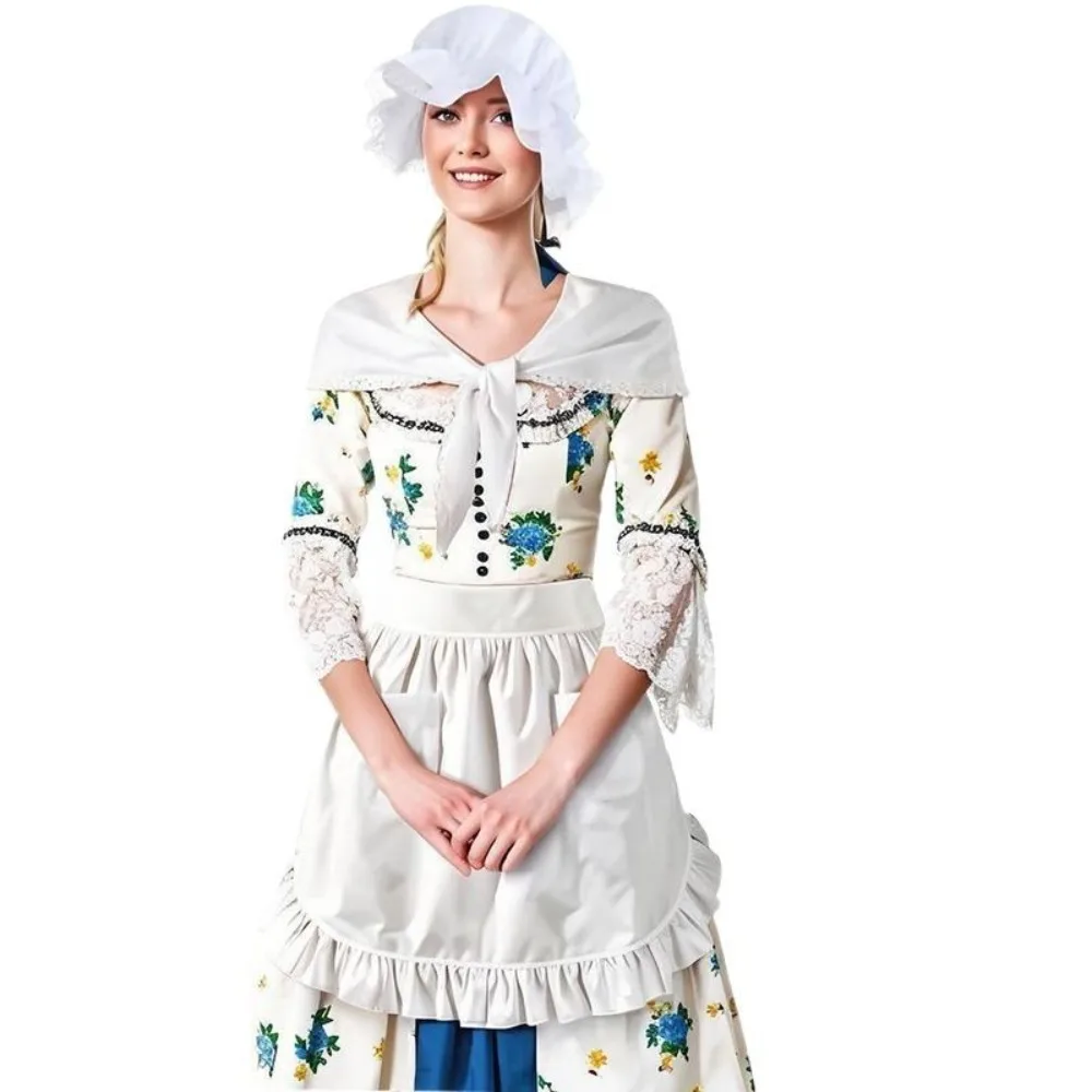 Women Colonial Pioneer Costume Set Bonnet Cape Apron Halloween Accessory Kit