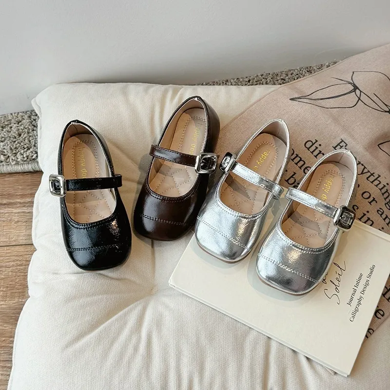 

ids'Casual Shoes PU Leather Buckle Fashion Spring Outdoor Flat Shoes For Girls Anti-slip Soft Bottom White Black Size 21-30