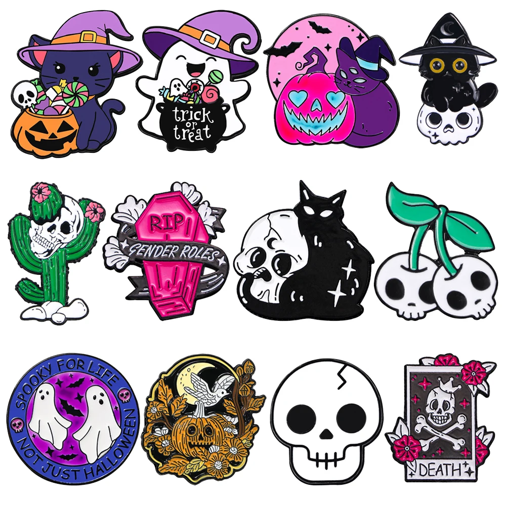 Terrifying Skull Bone Metal Badges Cartoon Cactus Ghost Pumpkin Skateboard Skeletion Black Cat Enamel Pinside Backpack Jewelry
