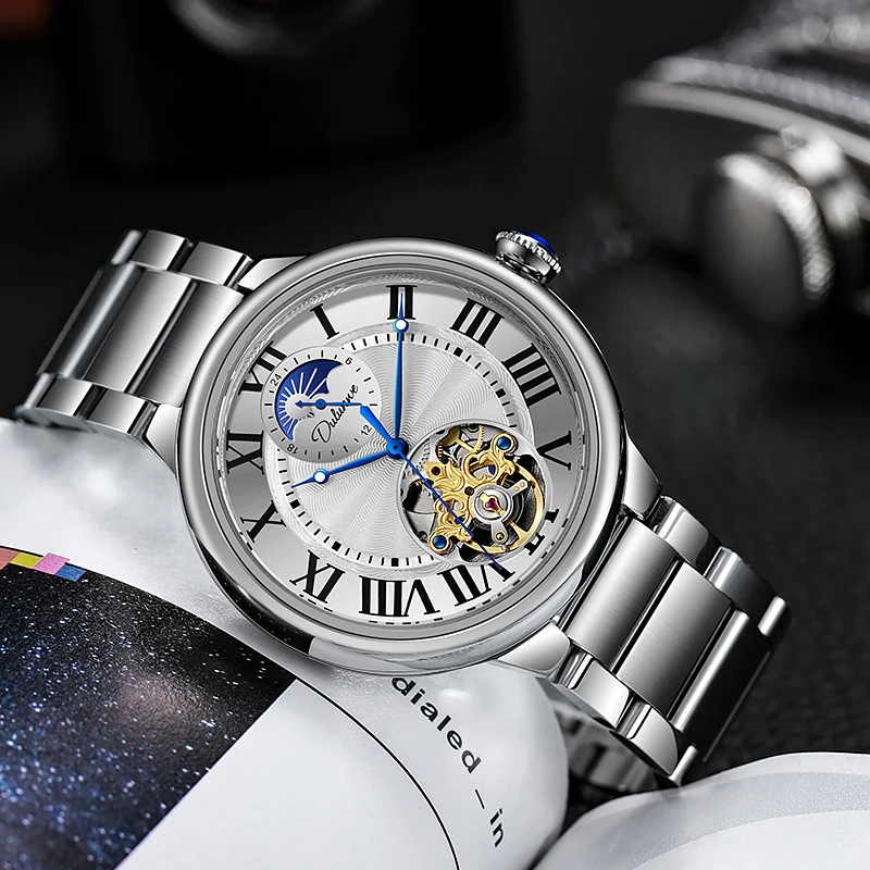 BOLYTE Moon Phase Dial Fashion WristWatch Men Automatic Mechanical Watch Starry Sky Stainless Steel Leather Watchband Male Clock