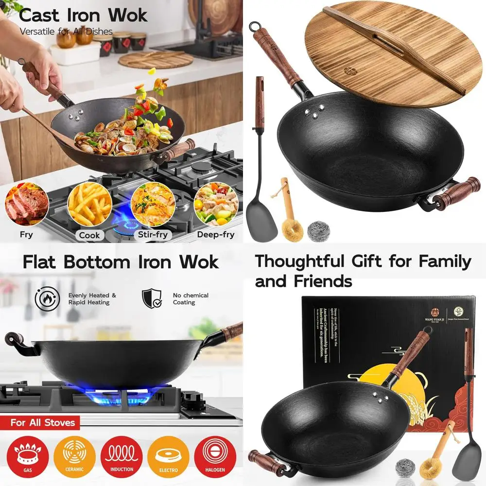 

14,2 Чугунный вок с деревянной крышкой, сковорода с двойной ручкой, без покрытия для индукционных и газовых плит