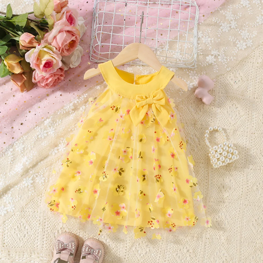 Summer New Girls Full Body Flower Sleeveless Mesh Skirt Baby Girl\'s Personalized Collar Bow Dress Suitable For Ages 0 To 3