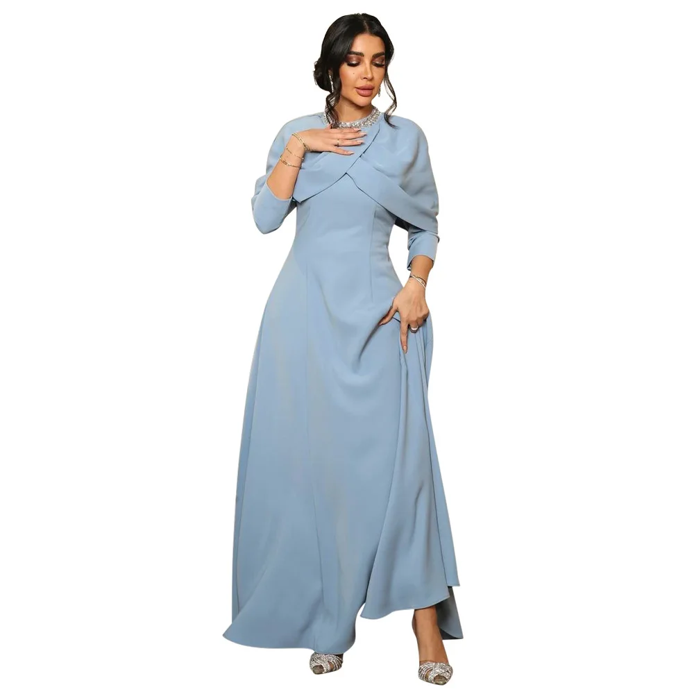 Fashion Beaded Diamond Neckline Shawl Long Dress Elegant Muslim Evening Gown Solid Color Office Dress for Women High Waist Robe
