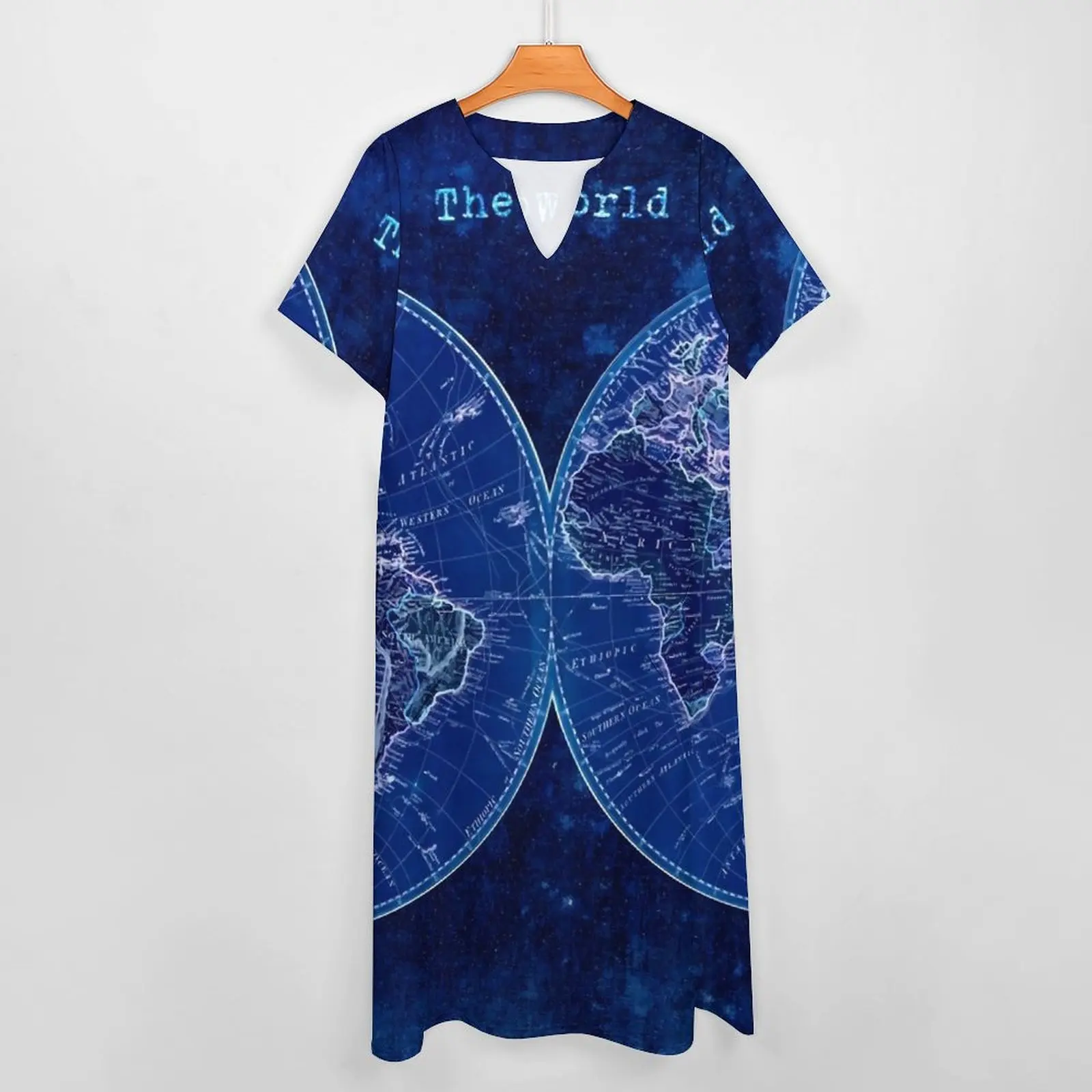 Negative World Map Dress Antique Map Kawaii Maxi Dress Korean Fashion Casual Long Dresses Women V Neck Pattern Big Size Vestidos