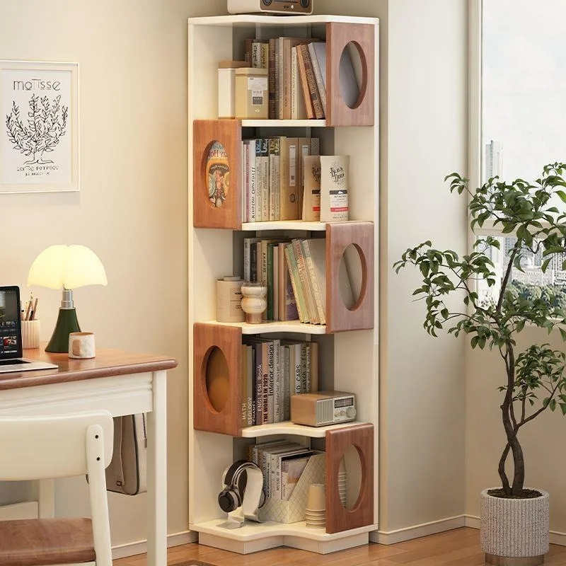 Cream wind solid wood bookshelf, triangular shelf, floor-to-ceiling multi-layer corner rack, household toy sundries storage rack