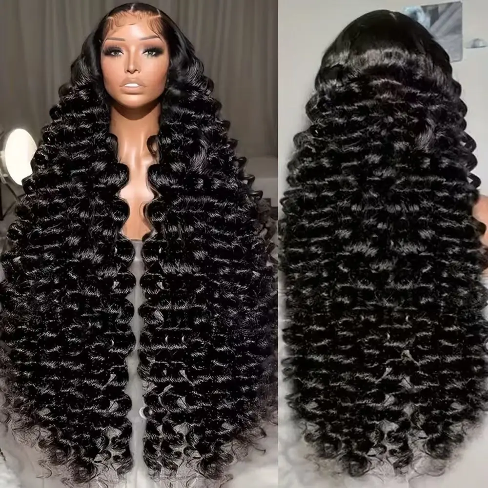 Natural Black 250 Density Loose Deep Wave 13x6 Lace Front Human Hair Wigs Brazilian 30 40 Inches Curly Water Wave HD 13x4 Lace Frontal Wig view 4