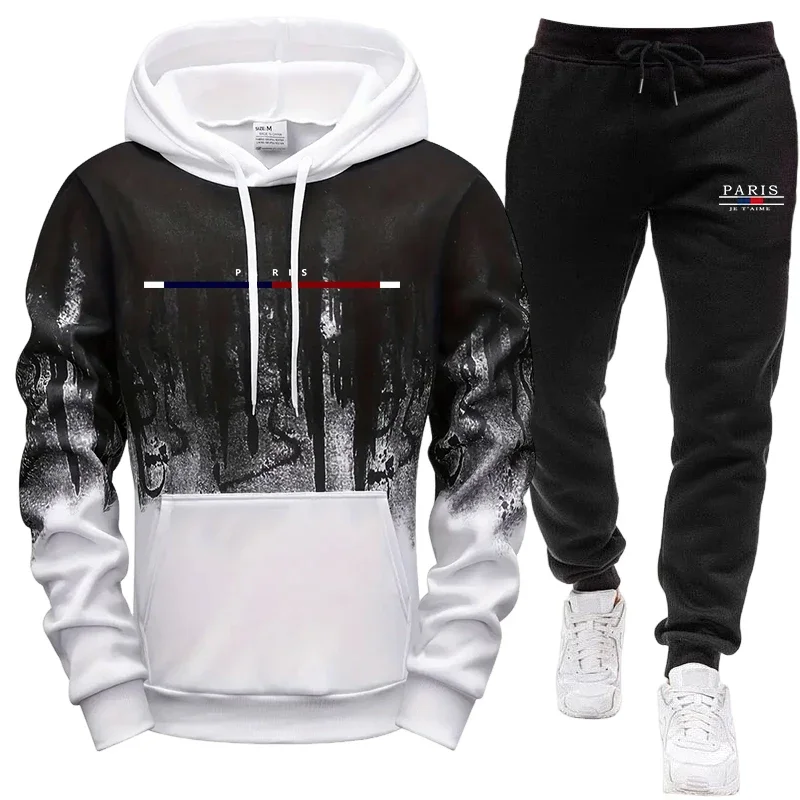 Men's Set/Hoodie/Pants Autumn Winter Hooded Sweatshirt and Sweatpants Outdoor Sports Jogger Suit Paris Casual Fashion Sportswear view 4